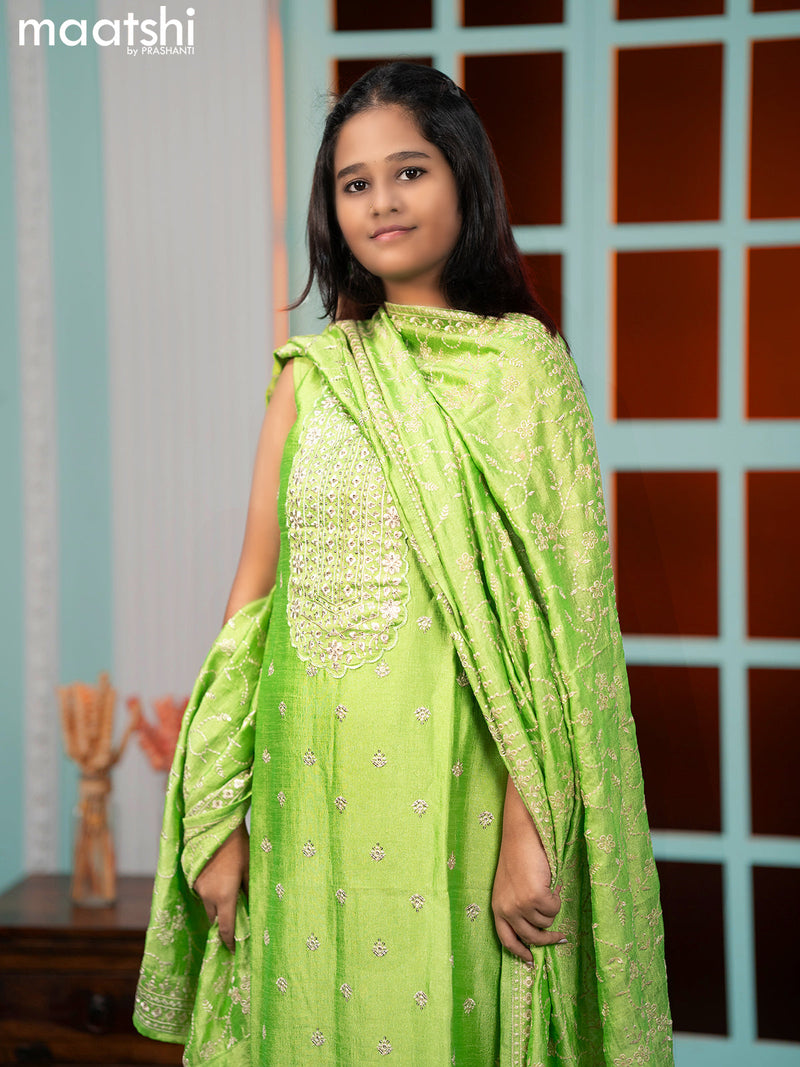 Chanderi readymade salwar suits light green with allover embroidery work buttas & sequin work neck pattern and straight cut pant & sequin work dupatta sleeve attached