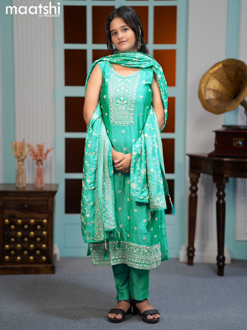 Chanderi readymade salwar suits teal green with allover embroidery work buttas & sequin work neck pattern and straight cut pant & sequin work dupatta sleeve attached