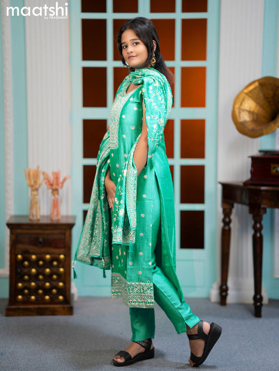 Chanderi readymade salwar suits teal green with allover embroidery work buttas & sequin work neck pattern and straight cut pant & sequin work dupatta sleeve attached