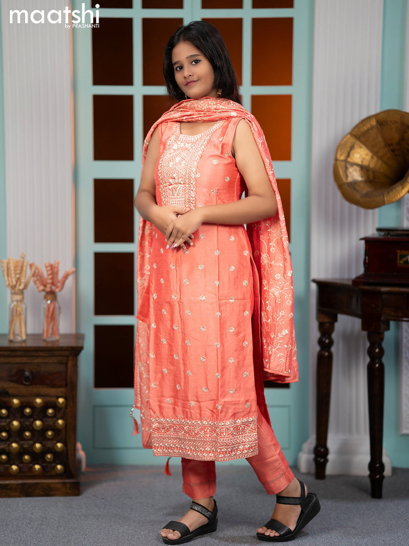 Chanderi readymade salwar suits peach orange with allover embroidery work buttas & sequin work neck pattern and straight cut pant & sequin work dupatta sleeve attached