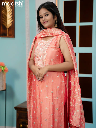 Chanderi readymade salwar suits peach orange with allover embroidery work buttas & sequin work neck pattern and straight cut pant & sequin work dupatta sleeve attached