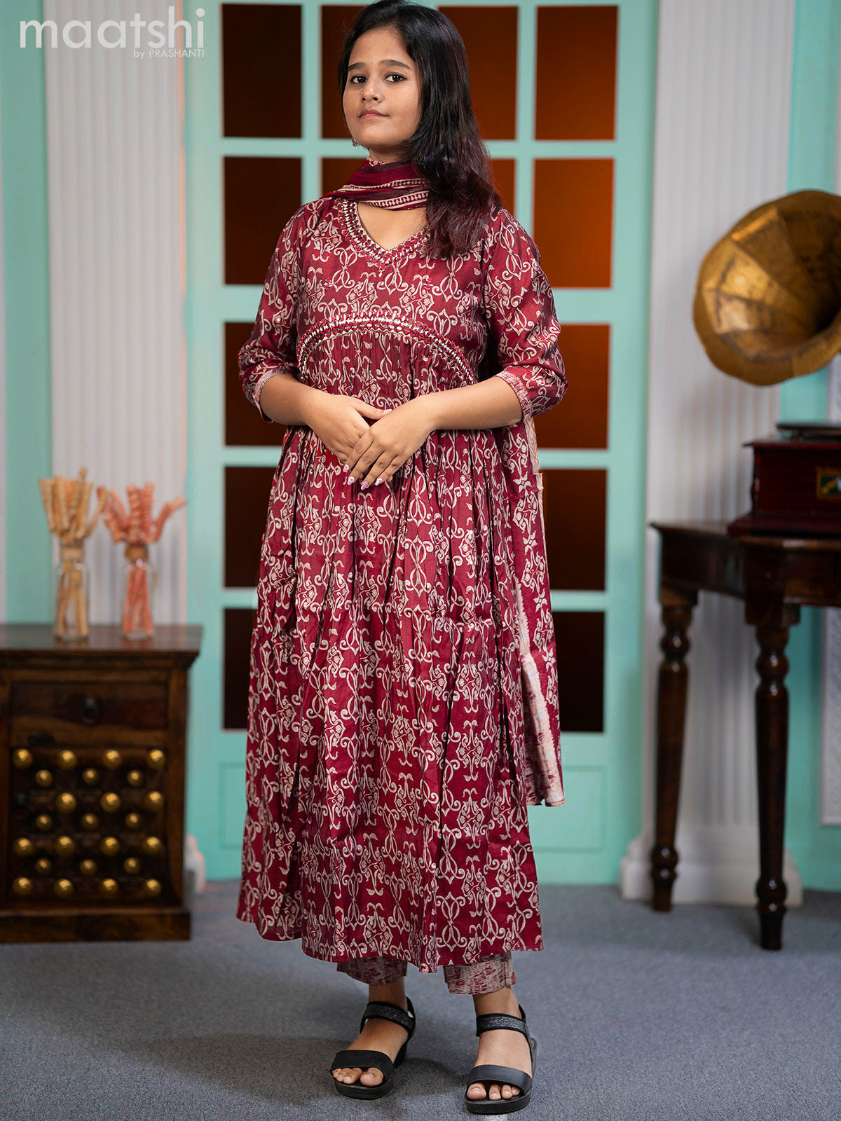 Muslin readymade alia cut salwar sutis maroon with allover prints & mirror work neck pattern and straight cut pant & printed dupatta