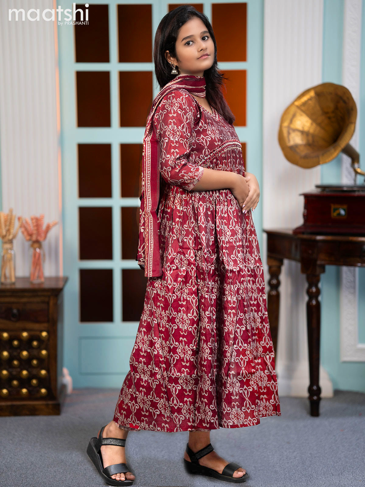 Muslin readymade alia cut salwar sutis maroon with allover prints & mirror work neck pattern and straight cut pant & printed dupatta