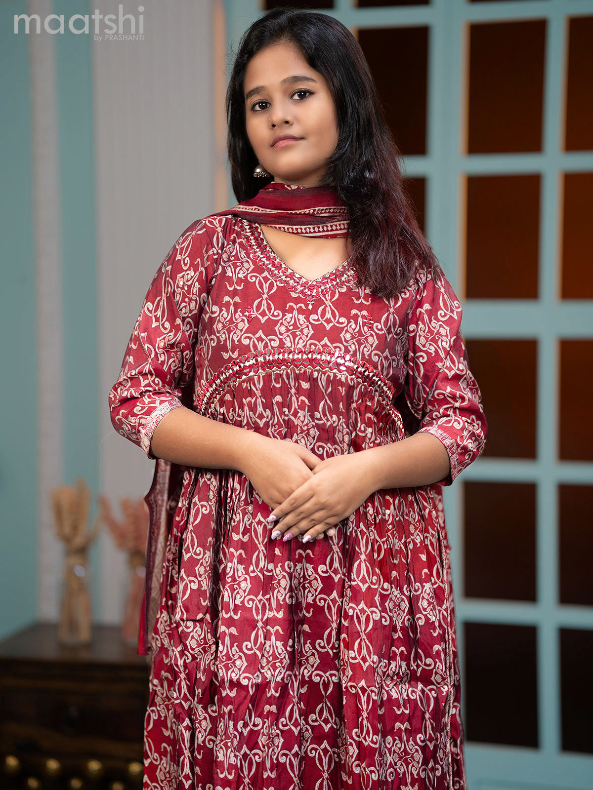 Muslin readymade alia cut salwar sutis maroon with allover prints & mirror work neck pattern and straight cut pant & printed dupatta