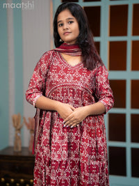 Muslin readymade alia cut salwar sutis maroon with allover prints & mirror work neck pattern and straight cut pant & printed dupatta