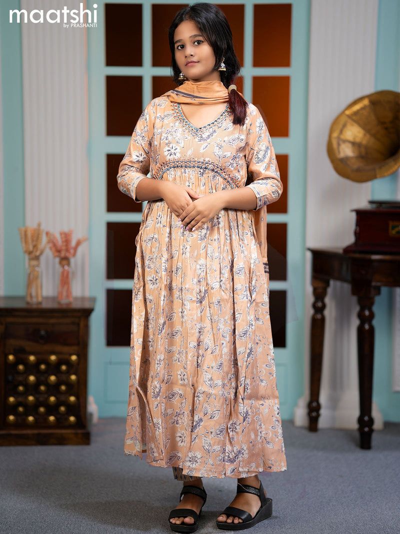 Muslin readymade alia cut salwar sutis pastel peach with allover floral prints & mirror work neck pattern and straight cut pant & printed dupatta