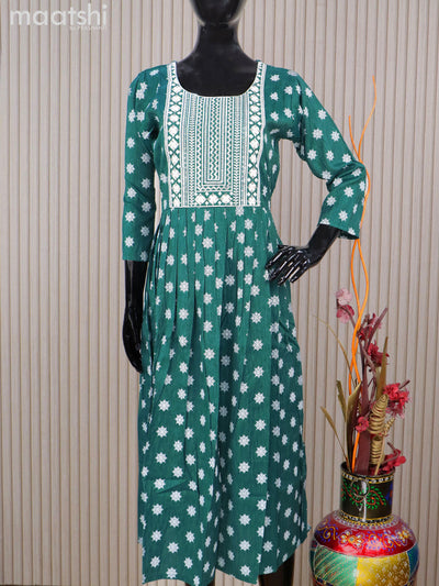 Rayon readymade umbrella kurti green with embroidery work neck pattern without pant