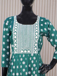 Rayon readymade umbrella kurti green with embroidery work neck pattern without pant