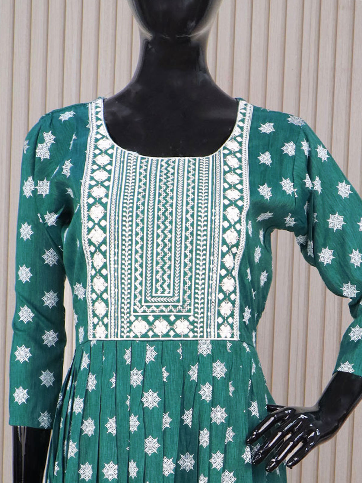 Rayon readymade umbrella kurti green with embroidery work neck pattern without pant