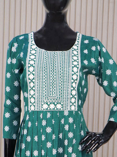 Rayon readymade umbrella kurti green with embroidery work neck pattern without pant
