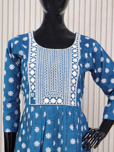 Rayon readymade umbrella kurti peacock blue with embroidery work neck pattern without pant