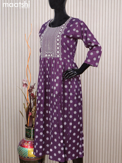 Rayon readymade umbrella kurti deep purple with embroidery work neck pattern without pant