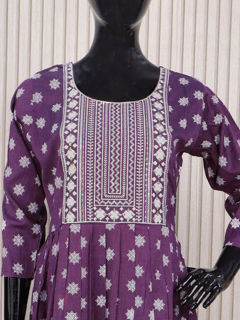 Rayon readymade umbrella kurti deep purple with embroidery work neck pattern without pant