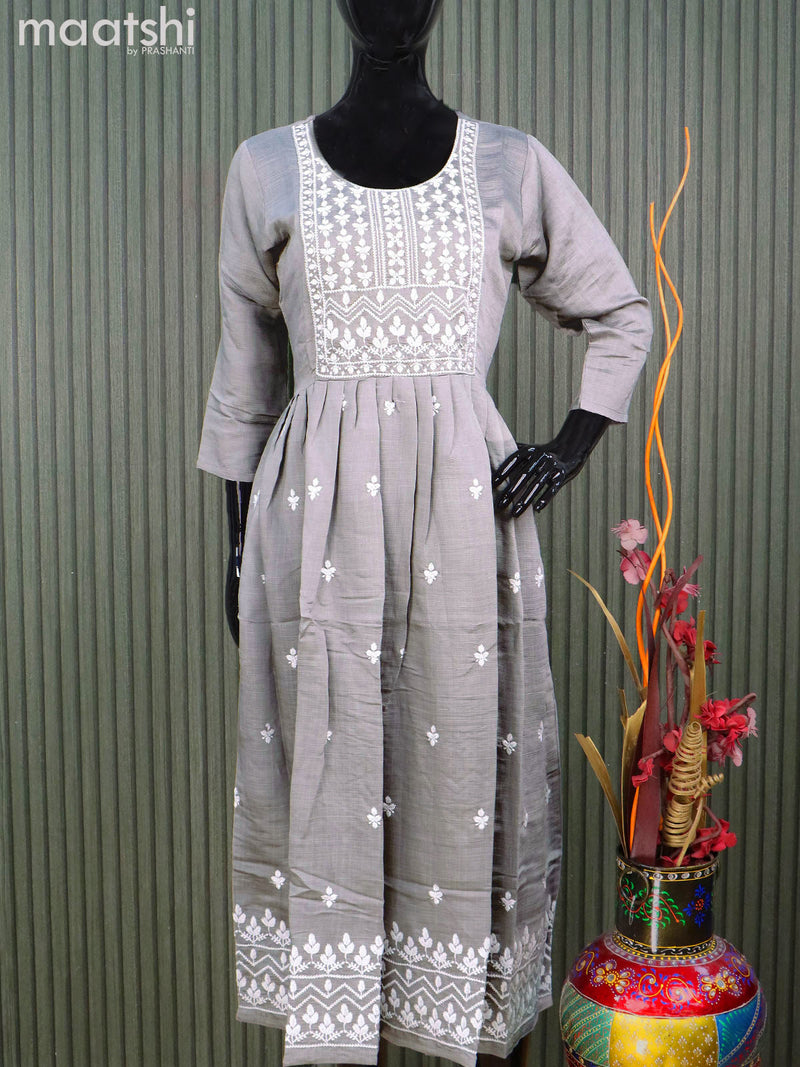 Rayon readymade umbrella kurti pastel grey with embroidery work neck pattern without pant