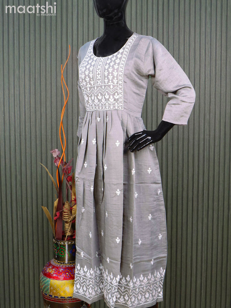 Rayon readymade umbrella kurti pastel grey with embroidery work neck pattern without pant