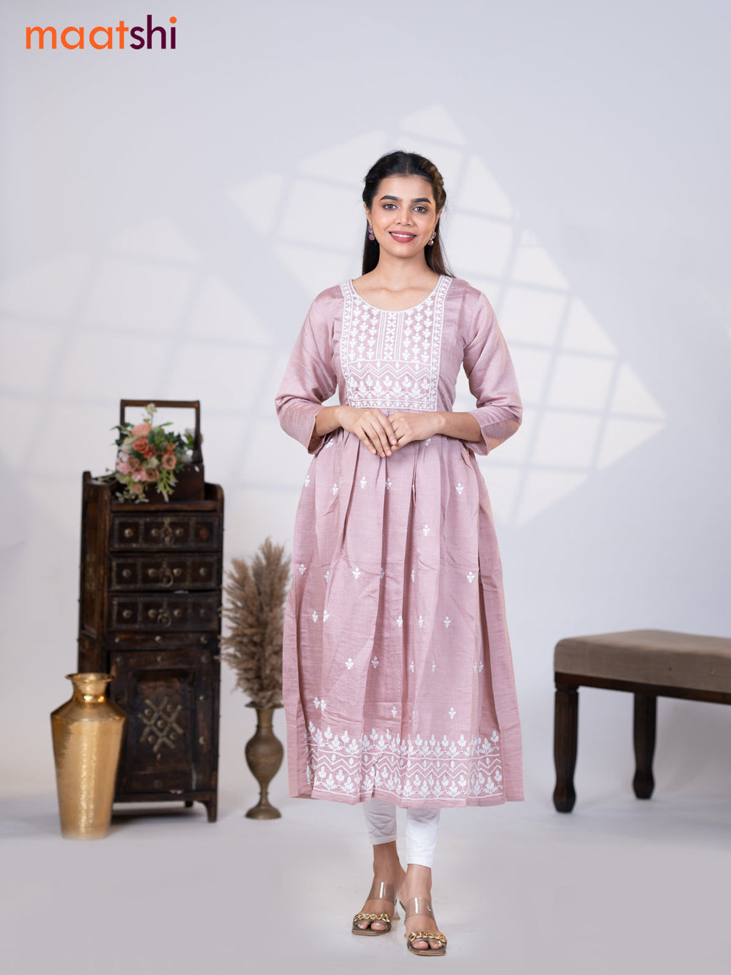 Rayon readymade umbrella kurti pastel pink with embroidery work neck pattern without pant