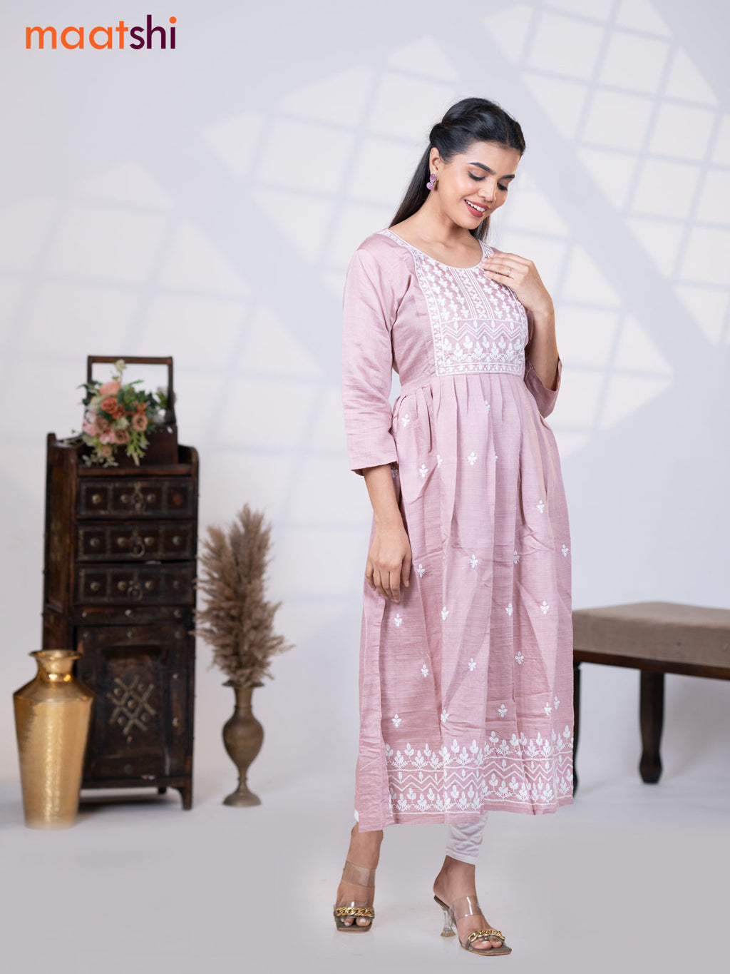 Rayon readymade umbrella kurti pastel pink with embroidery work neck pattern without pant