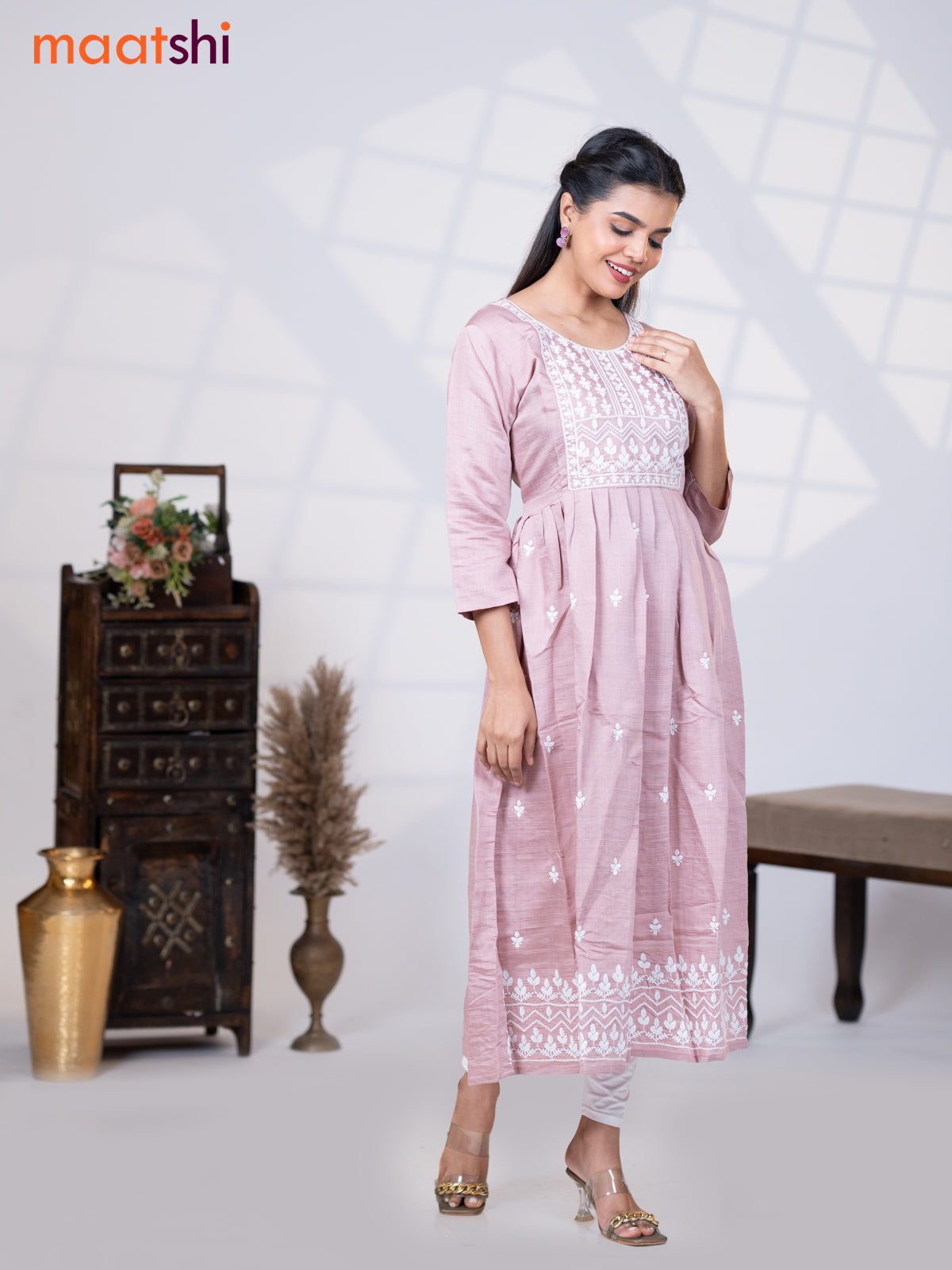 Rayon readymade umbrella kurti pastel pink with embroidery work neck pattern without pant