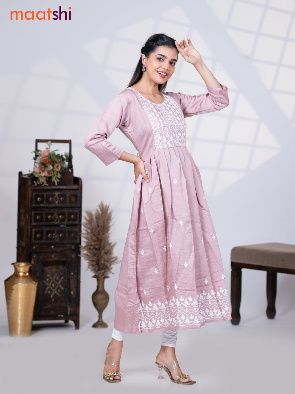 Rayon readymade umbrella kurti pastel pink with embroidery work neck pattern without pant