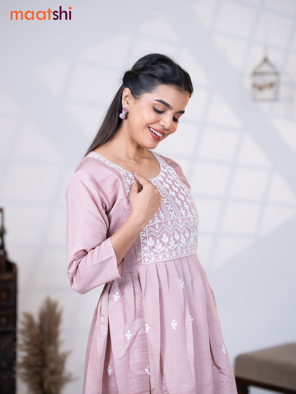Rayon readymade umbrella kurti pastel pink with embroidery work neck pattern without pant