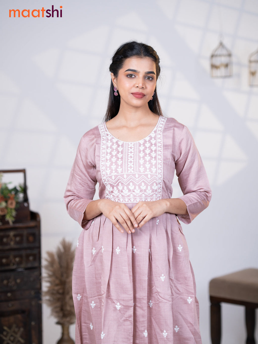 Rayon readymade umbrella kurti pastel pink with embroidery work neck pattern without pant