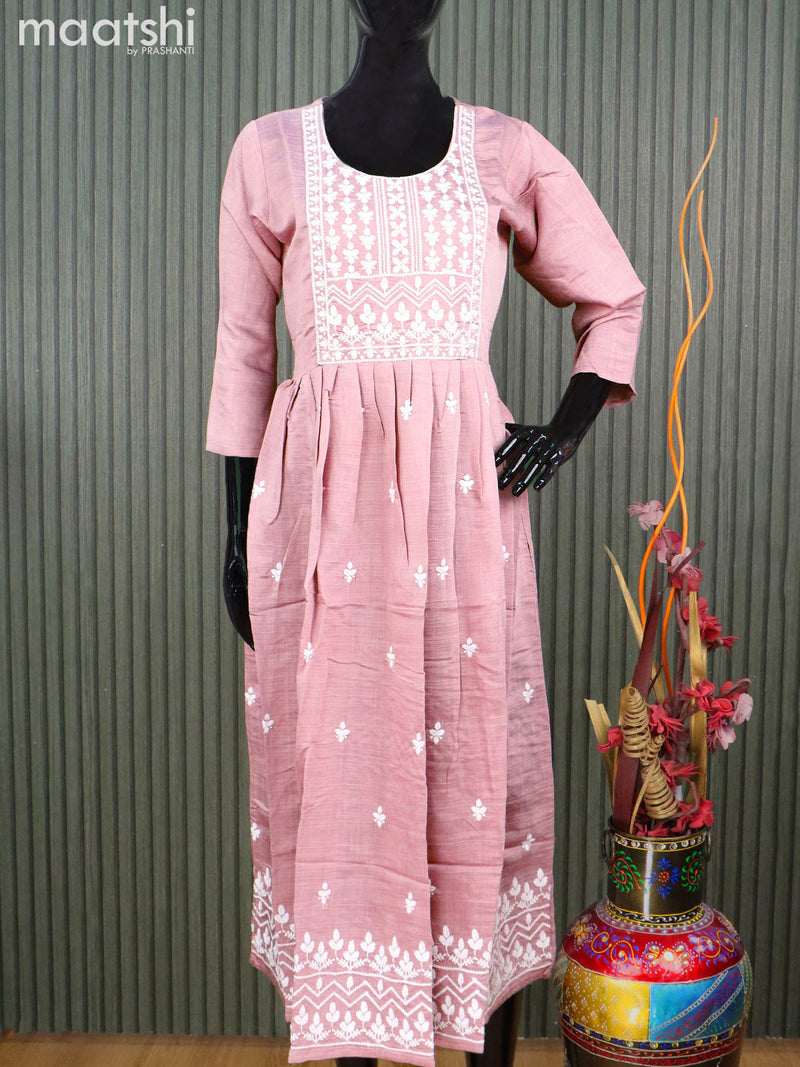 Rayon readymade umbrella kurti pastel pink with embroidery work neck pattern without pant