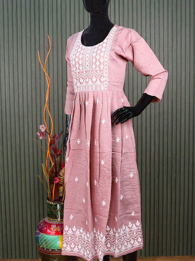 Rayon readymade umbrella kurti pastel pink with embroidery work neck pattern without pant