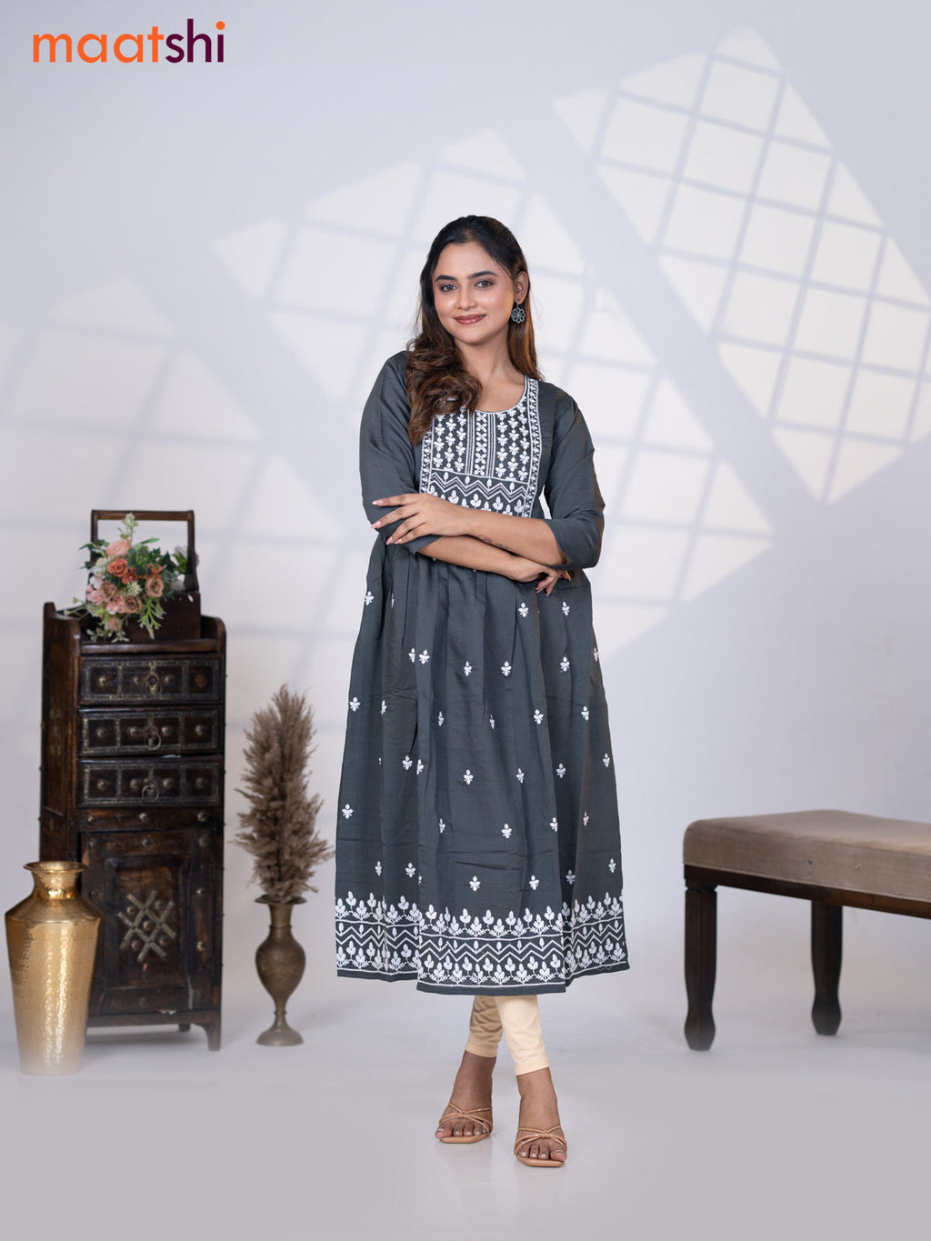 Rayon readymade umbrella kurti elephant grey with embroidery work neck pattern without pant