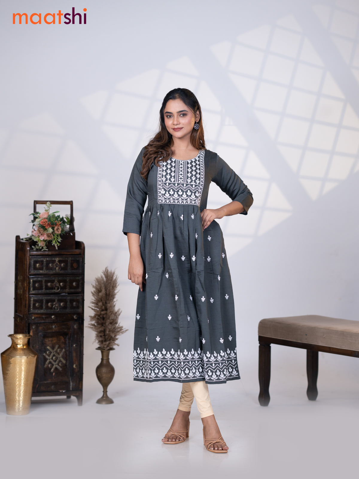 Rayon readymade umbrella kurti elephant grey with embroidery work neck pattern without pant