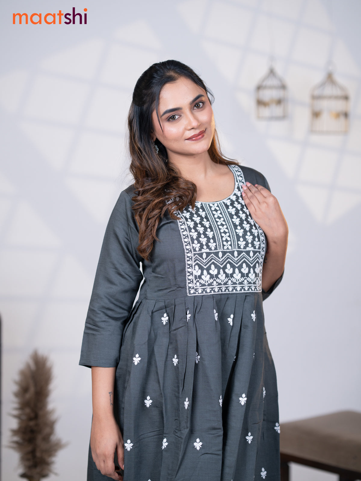 Rayon readymade umbrella kurti elephant grey with embroidery work neck pattern without pant