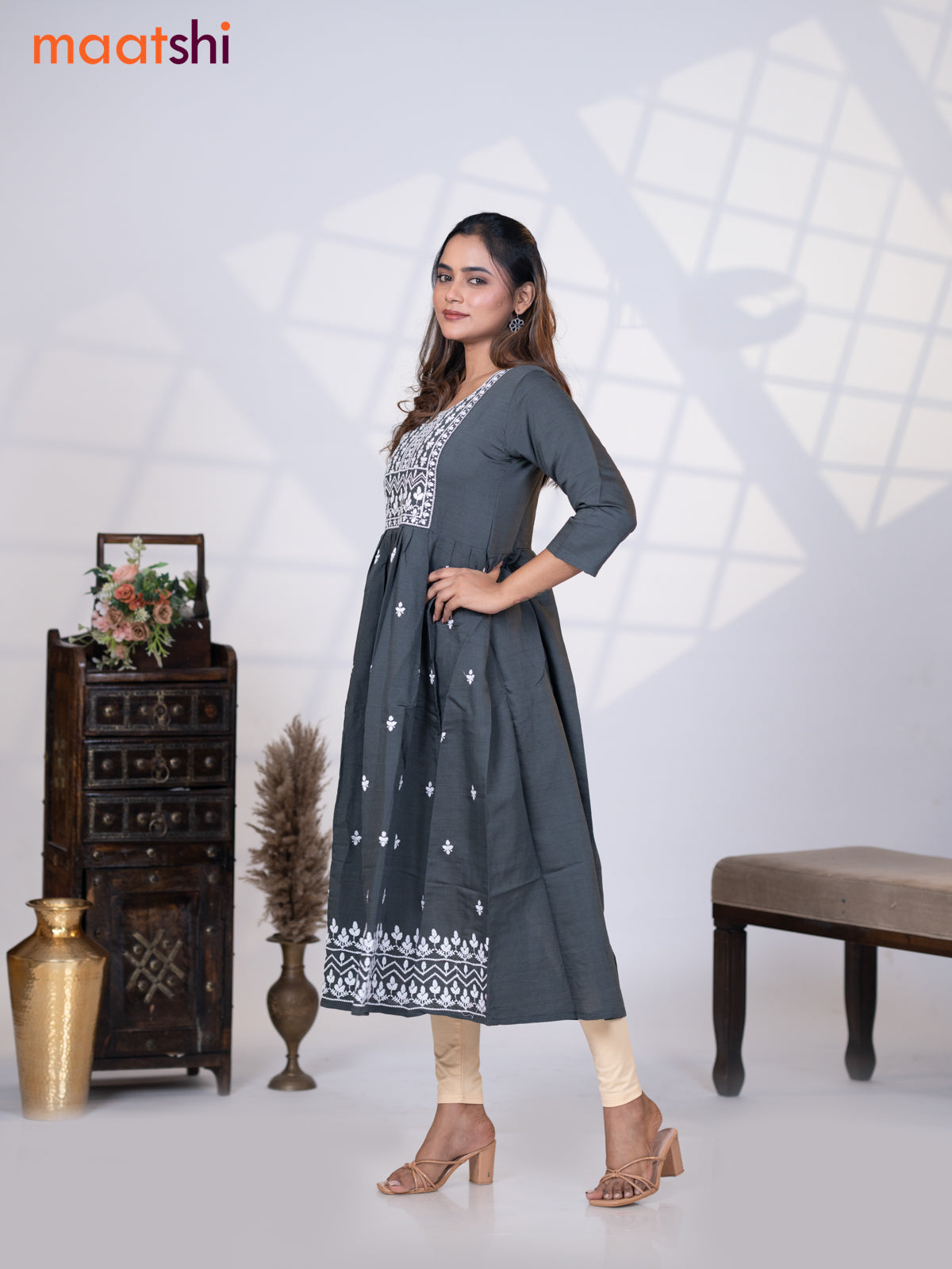 Rayon readymade umbrella kurti elephant grey with embroidery work neck pattern without pant