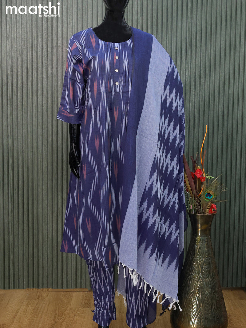 Cotton readymade A-line salwar suit blue with allover ikat weaves & simple neck pattern and straight cut pant & cotton dupatta
