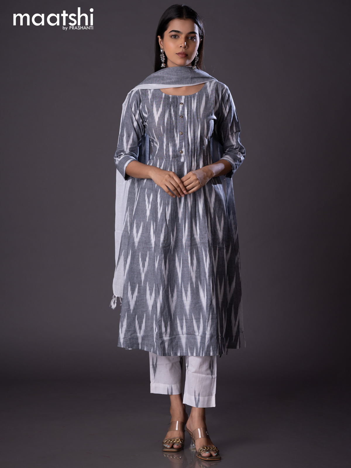 Cotton readymade A-line salwar suit grey and off white with allover ikat weaves & simple neck pattern and straight cut pant & cotton dupatta