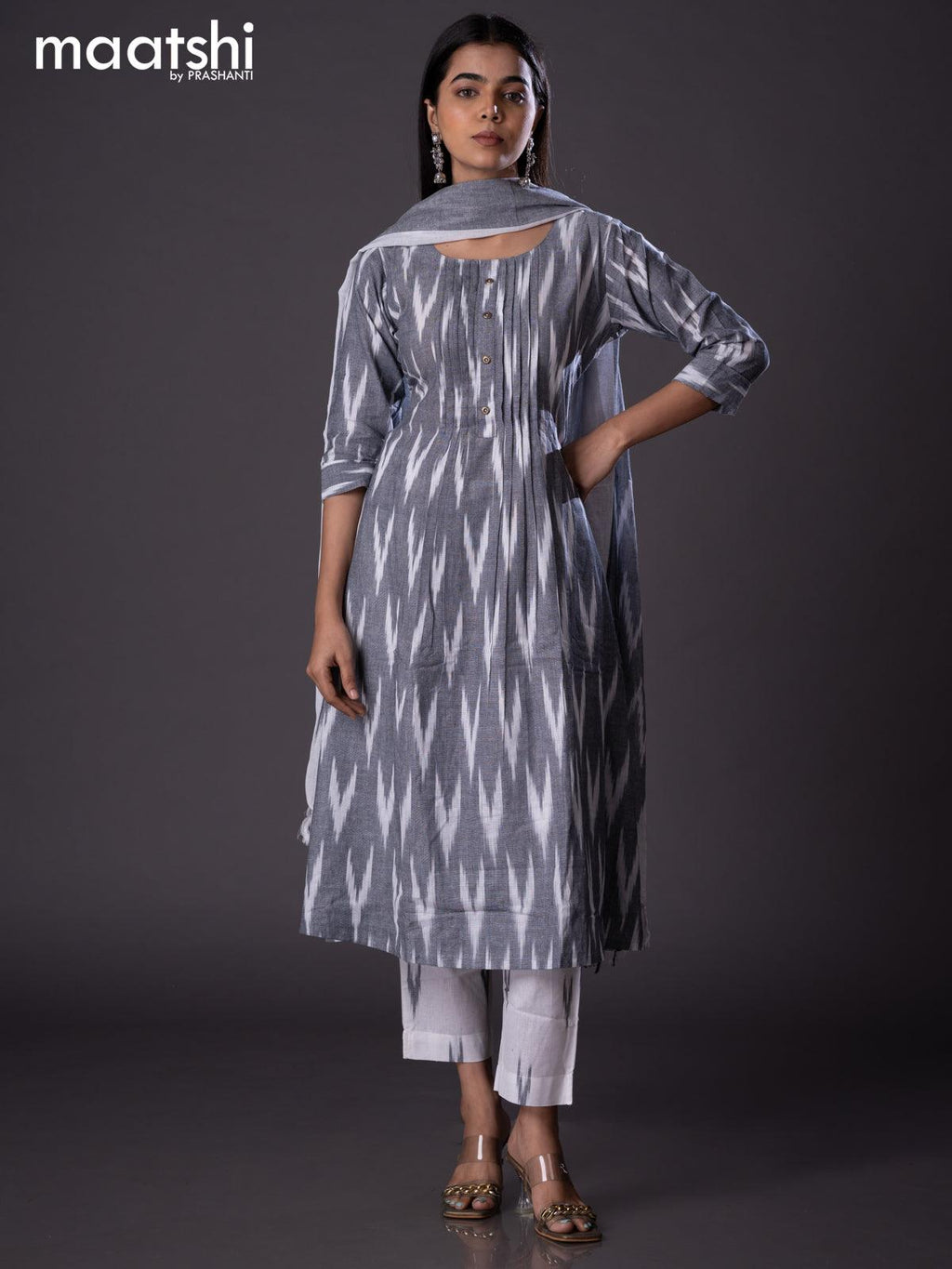 Cotton readymade A-line salwar suit grey and off white with allover ikat weaves & simple neck pattern and straight cut pant & cotton dupatta