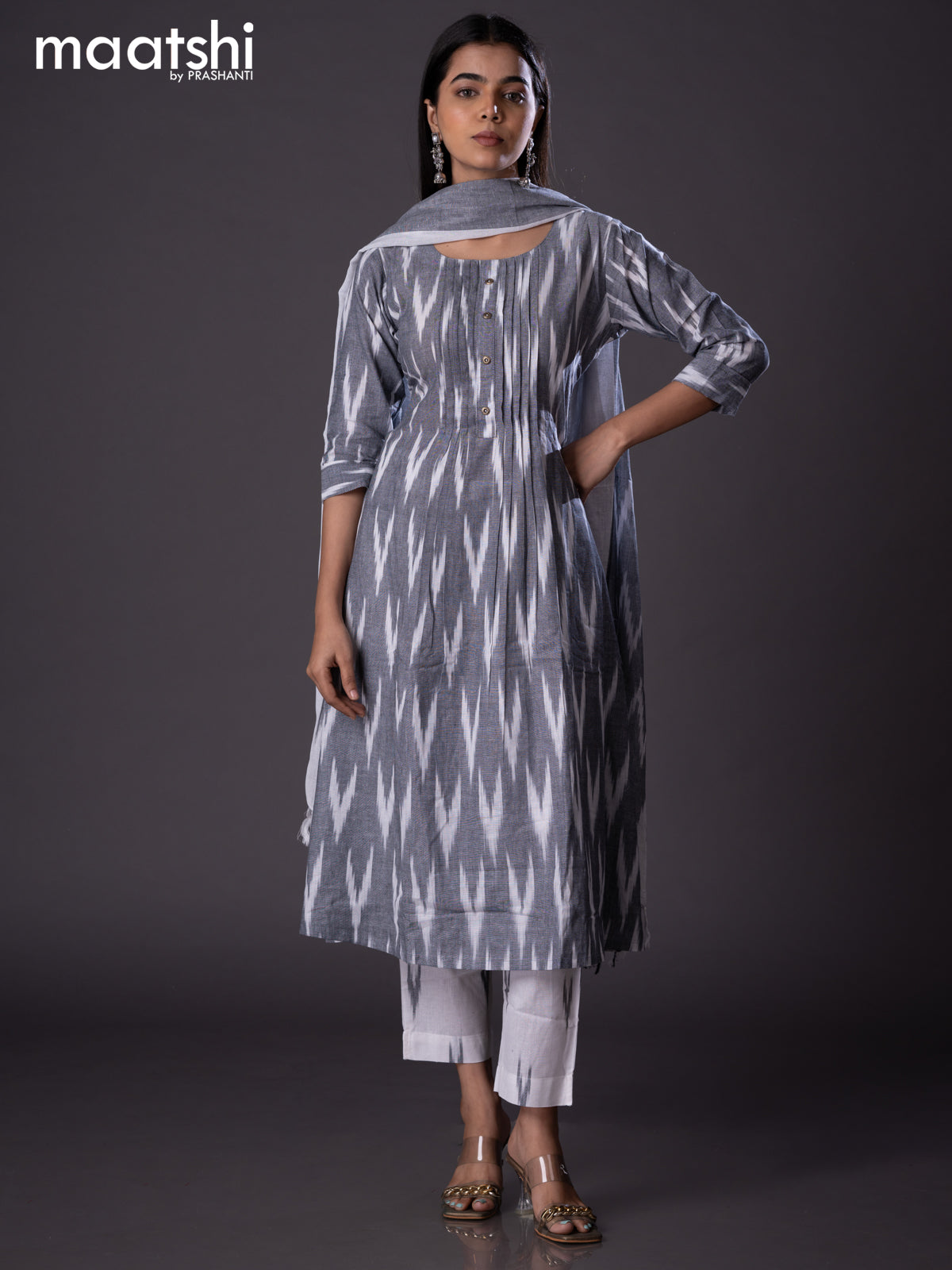Cotton readymade A-line salwar suit grey and off white with allover ikat weaves & simple neck pattern and straight cut pant & cotton dupatta