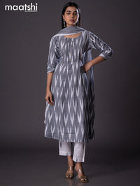 Cotton readymade A-line salwar suit grey and off white with allover ikat weaves & simple neck pattern and straight cut pant & cotton dupatta