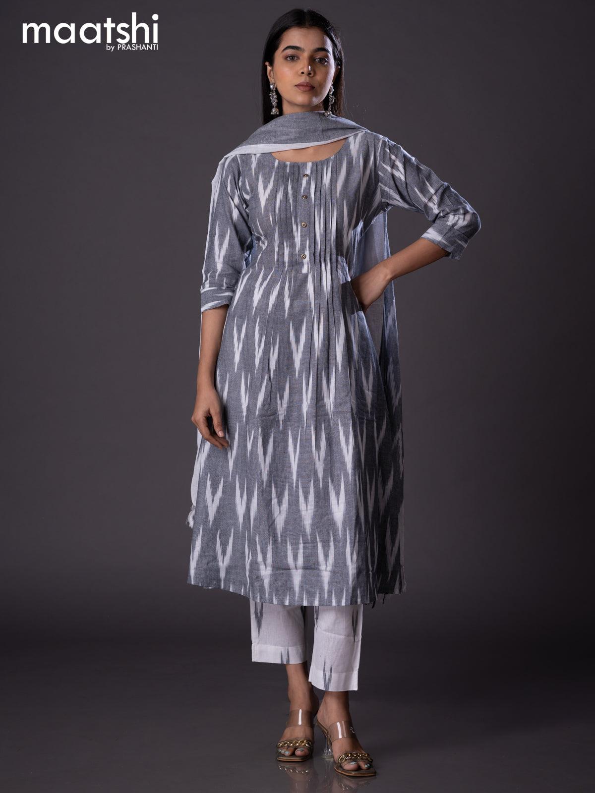 Cotton readymade A-line salwar suit grey and off white with allover ikat weaves & simple neck pattern and straight cut pant & cotton dupatta