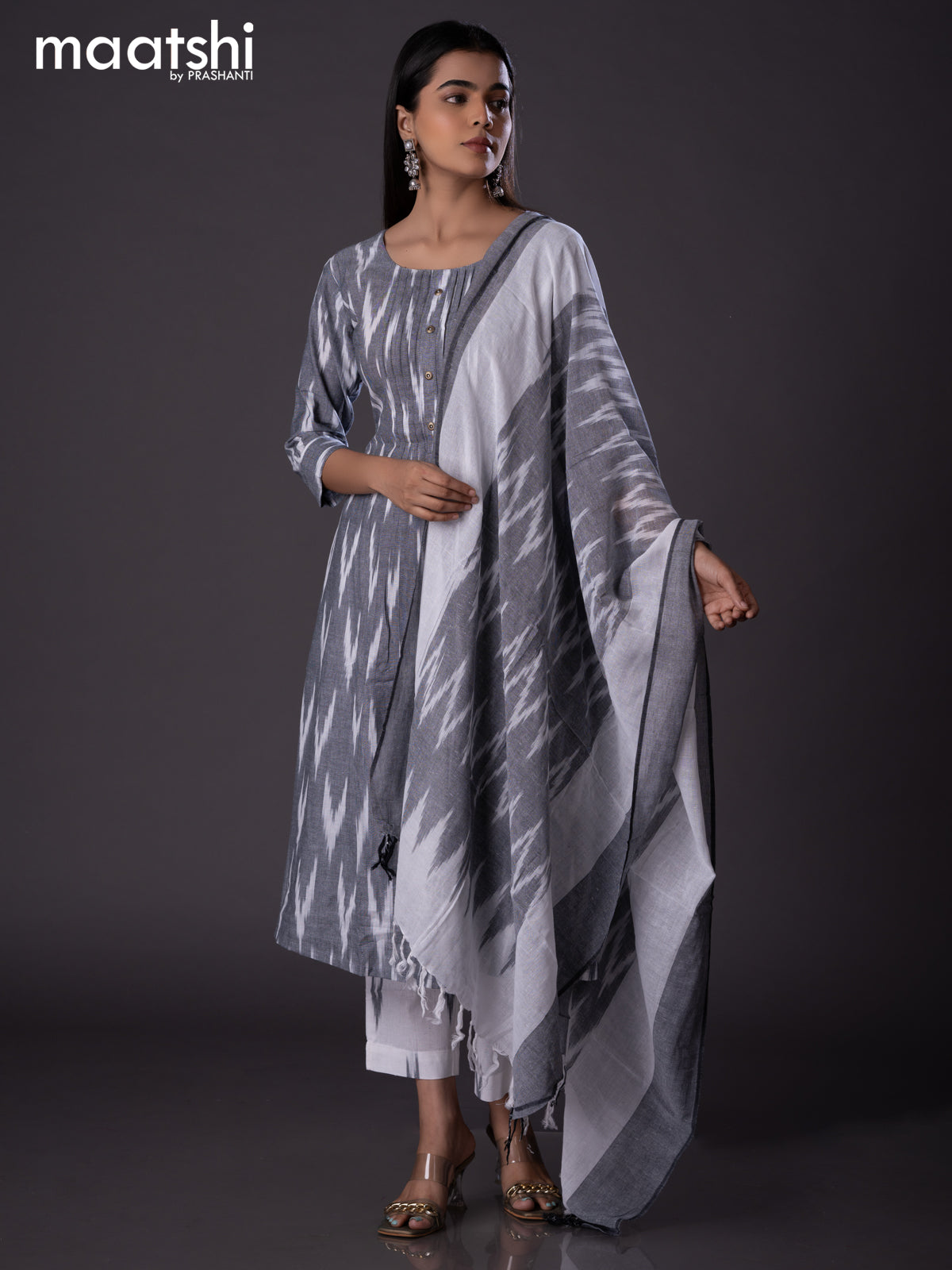 Cotton readymade A-line salwar suit grey and off white with allover ikat weaves & simple neck pattern and straight cut pant & cotton dupatta