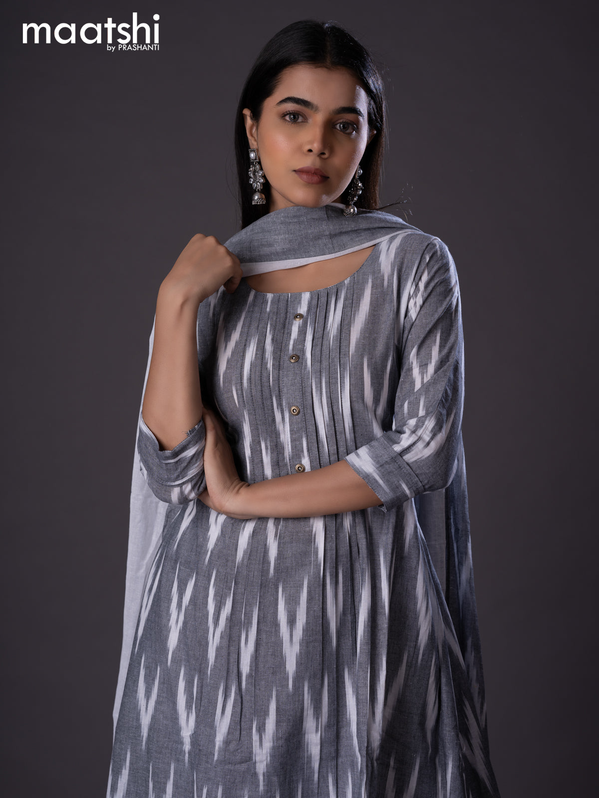 Cotton readymade A-line salwar suit grey and off white with allover ikat weaves & simple neck pattern and straight cut pant & cotton dupatta