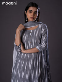 Cotton readymade A-line salwar suit grey and off white with allover ikat weaves & simple neck pattern and straight cut pant & cotton dupatta