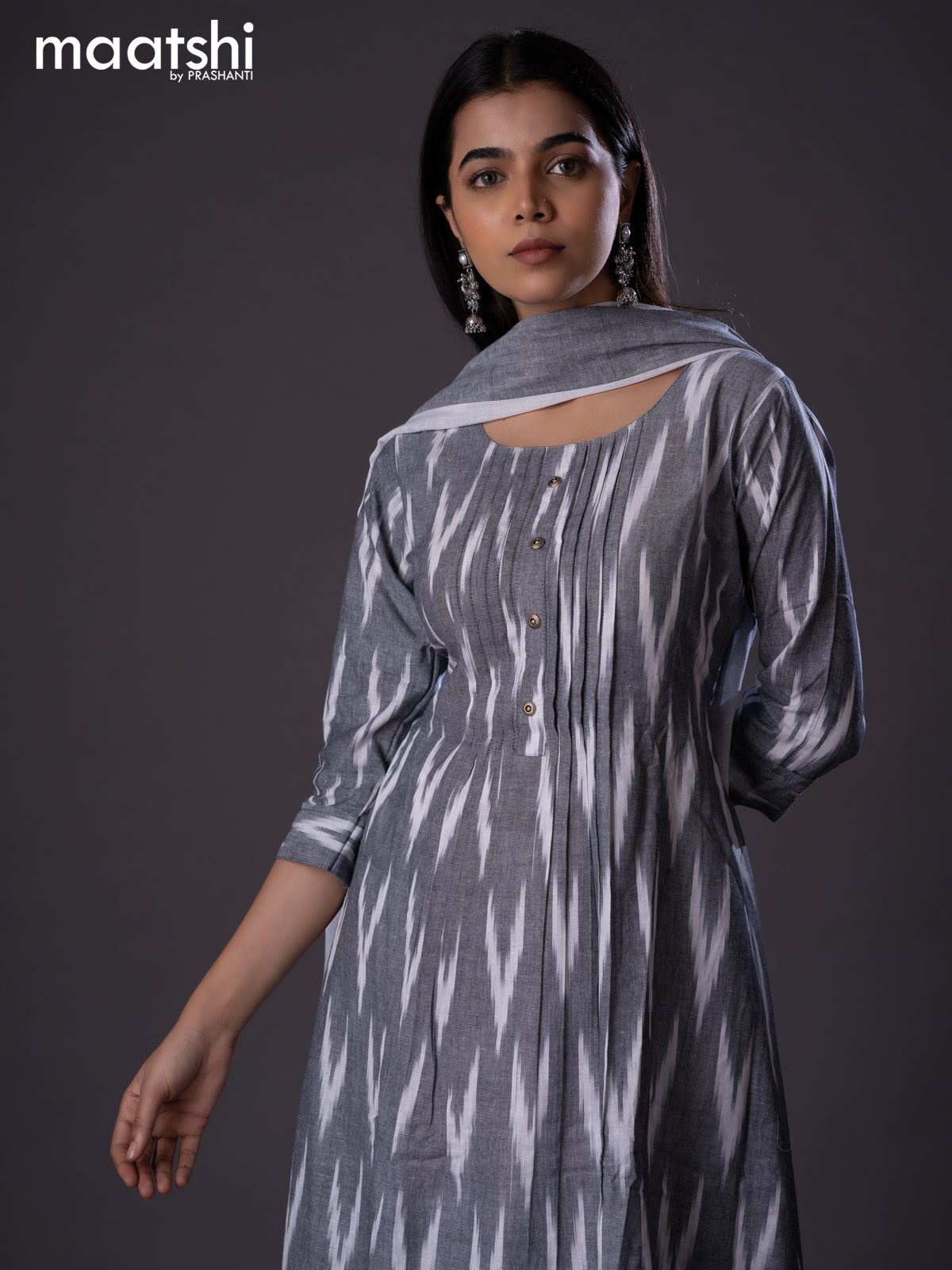 Cotton readymade A-line salwar suit grey and off white with allover ikat weaves & simple neck pattern and straight cut pant & cotton dupatta