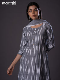 Cotton readymade A-line salwar suit grey and off white with allover ikat weaves & simple neck pattern and straight cut pant & cotton dupatta