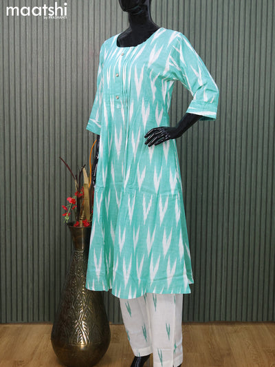 Cotton readymade A-line salwar suit teal green and off white with allover ikat weaves & simple neck pattern and straight cut pant & cotton dupatta