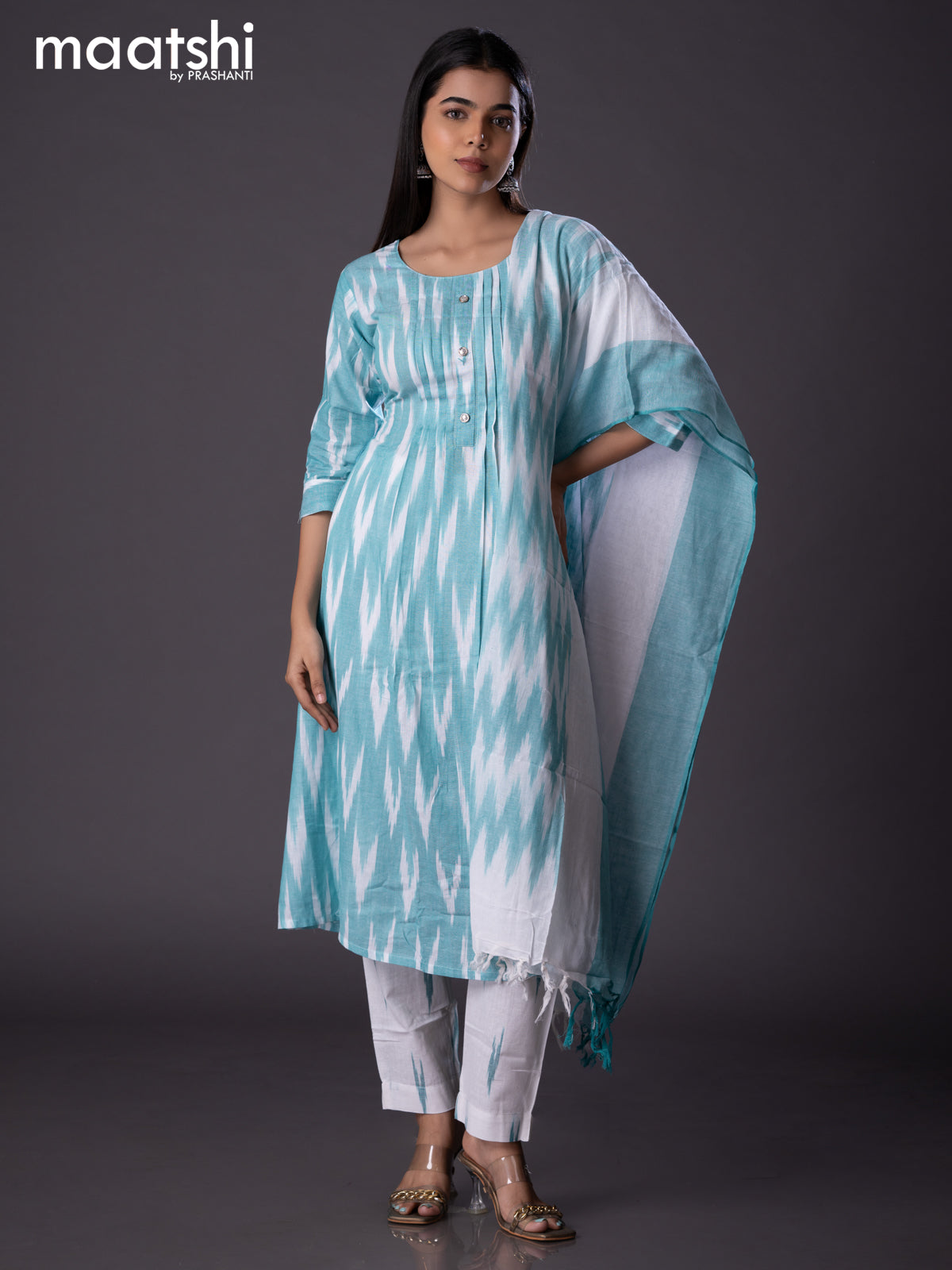 Cotton readymade A-line salwar suit teal green and off white with allover ikat weaves & simple neck pattern and straight cut pant & cotton dupatta