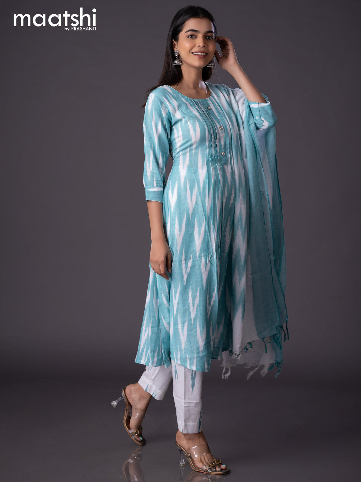 Cotton readymade A-line salwar suit teal green and off white with allover ikat weaves & simple neck pattern and straight cut pant & cotton dupatta