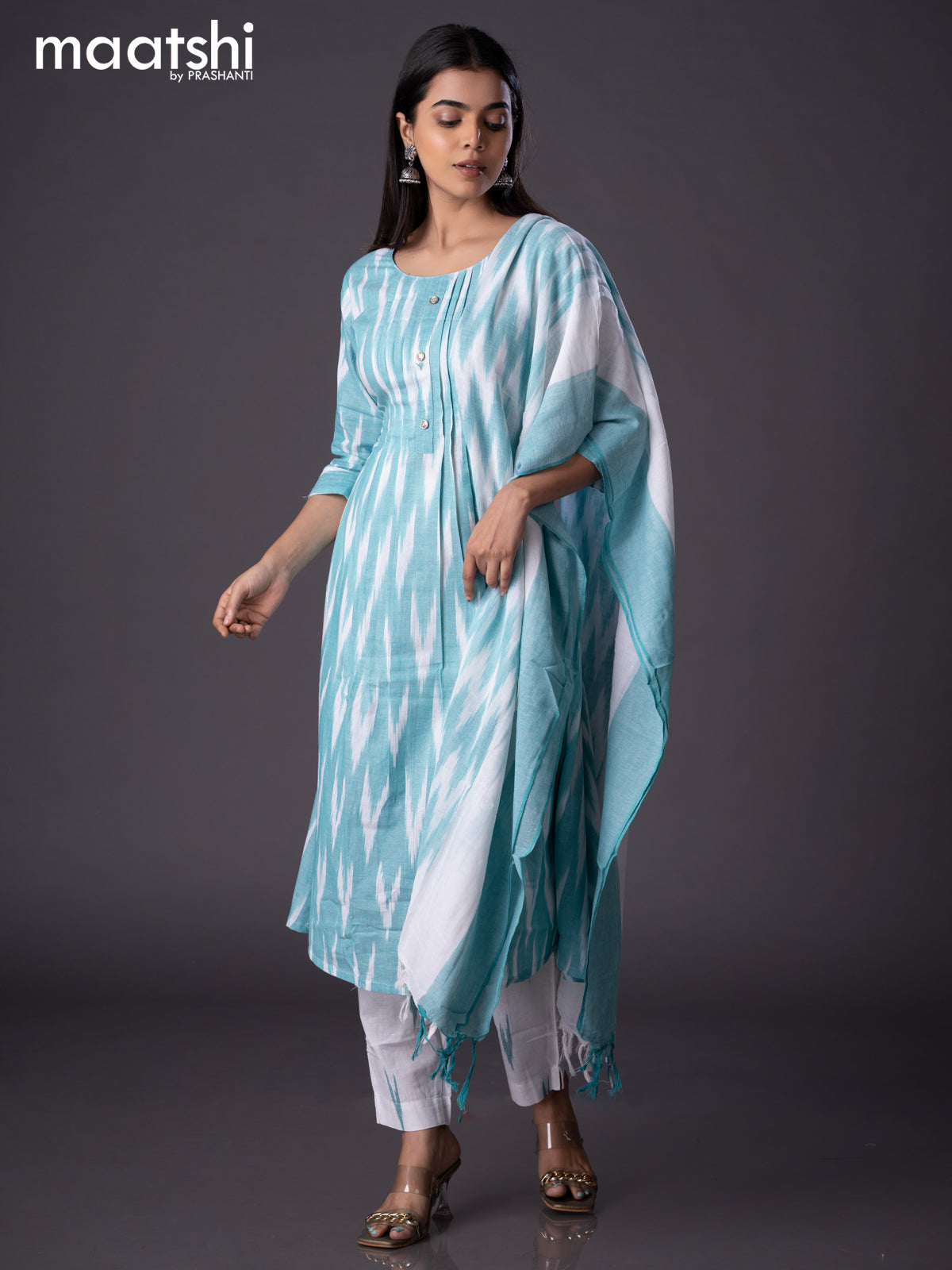 Cotton readymade A-line salwar suit teal green and off white with allover ikat weaves & simple neck pattern and straight cut pant & cotton dupatta