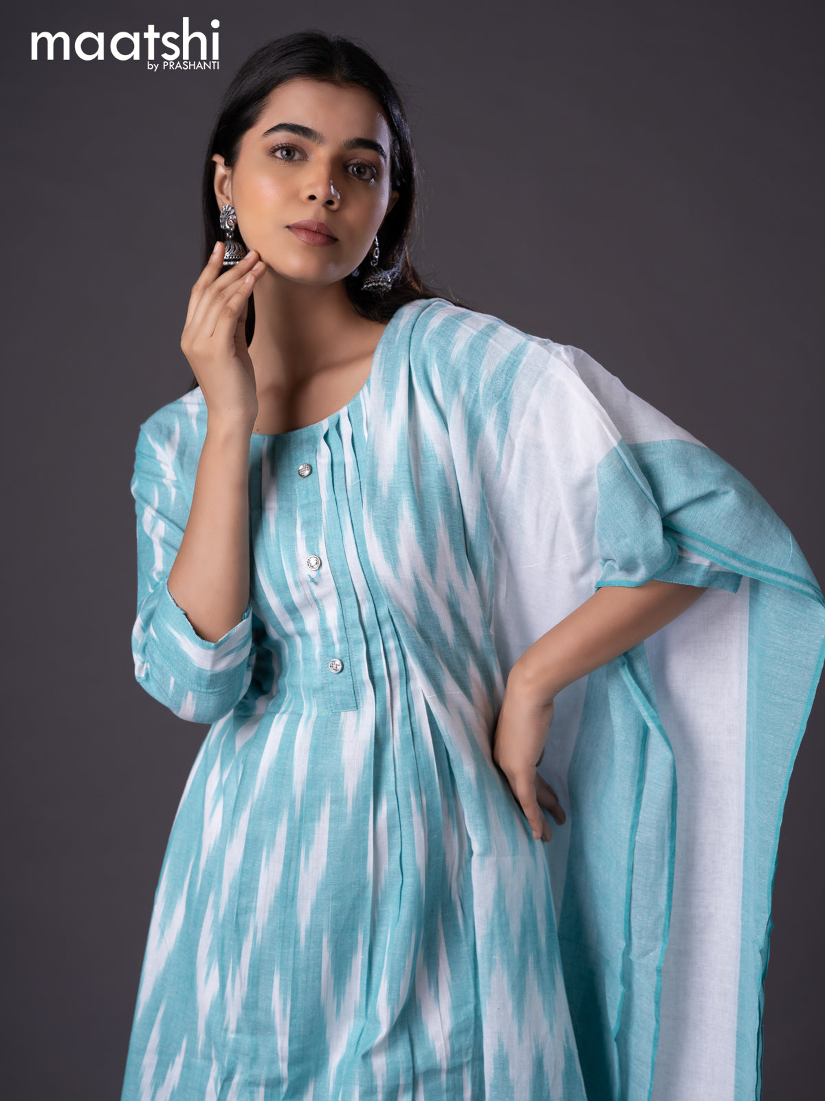 Cotton readymade A-line salwar suit teal green and off white with allover ikat weaves & simple neck pattern and straight cut pant & cotton dupatta