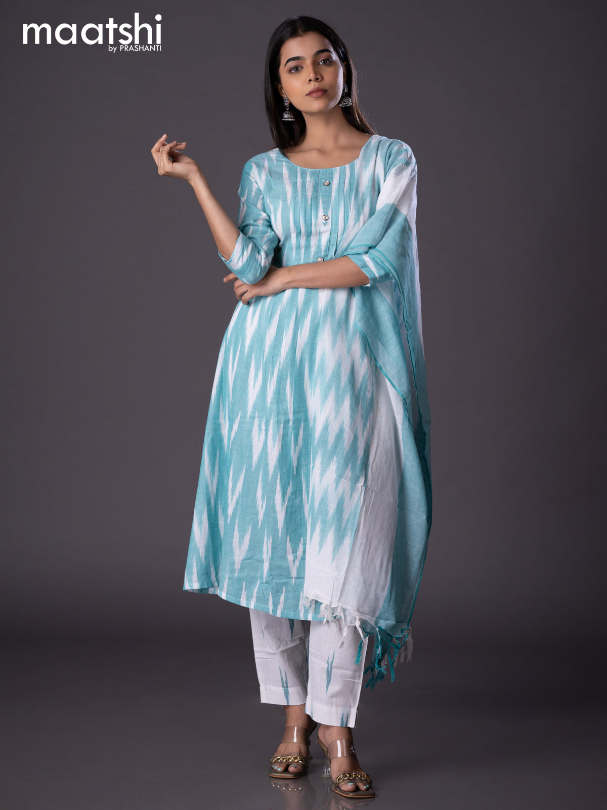 Cotton readymade A-line salwar suit teal green and off white with allover ikat weaves & simple neck pattern and straight cut pant & cotton dupatta