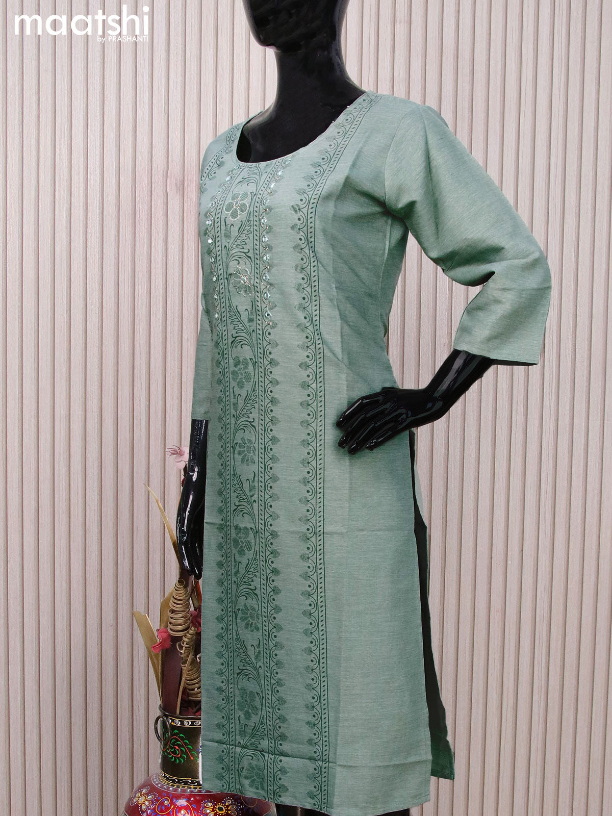 Rayon readymade kurti grey with allover prints mirror work neck patt Maatshi