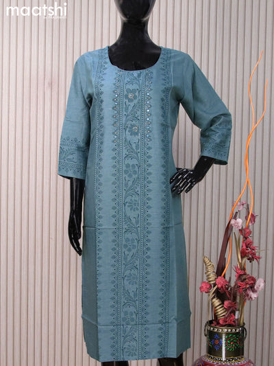 Rayon readymade kurti pastel blue shade with allover prints & mirror work neck pattern without pant